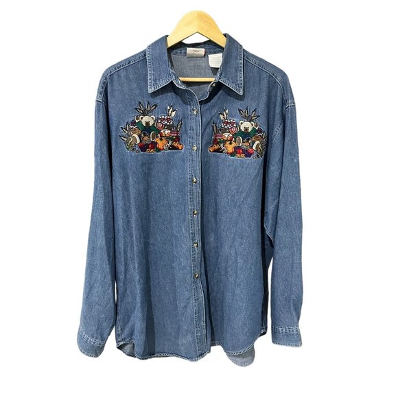 Vintage Tops - Vintage Holiday Embroidered Patch Denim Chambray Oversized Button Shirt Bear XL